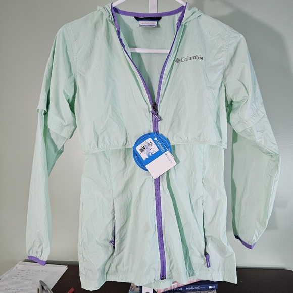 Girls Comlumbia Athena Windbreaker Long Jacket Sea Ice Green Purple Youth Medium - Picture 1 of 7